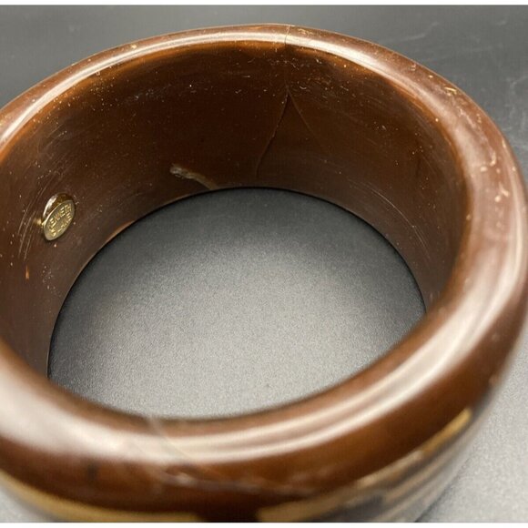 Signed Kenneth Lane Bangle Bracelet 1.5" Wide Inlaid Burled Chunky Wood 8" LOOK - Picture 6 of 15